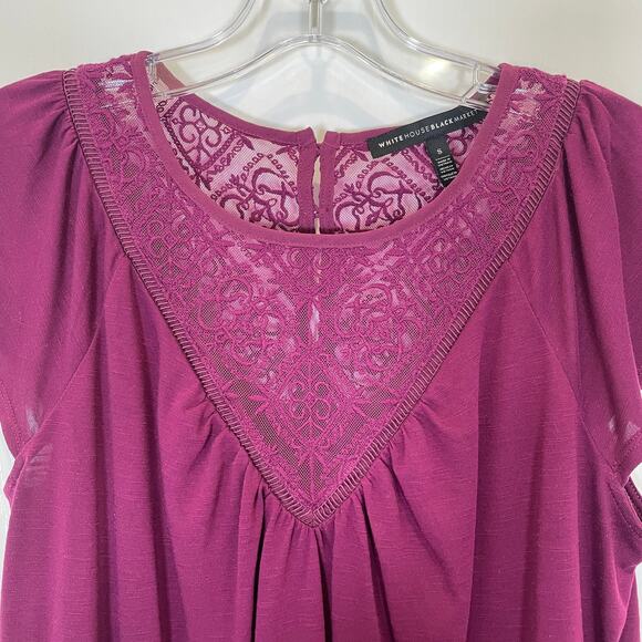 White House Black Market Lace Yoke Top Purple Flutter Short Sleeves S - Picture 3 of 6